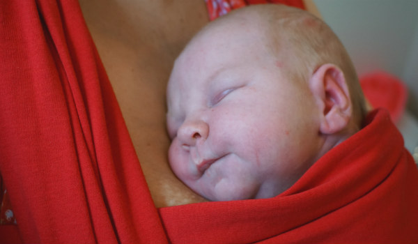 Bära en nyfödd bebis i bärsjal. Nyfödd sover i röd bärsjal på sin mammas bröst.