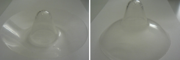 Amningsnapp. Till vänster formen före användning, till höger formen vid användning. Foto: Harmid/Wikimedia Commons.