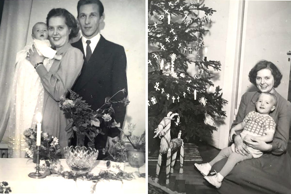 Till vänster: Roger 1949. Till höger: Roger julen 1950, i famnen hos mamma Ulva, gravid med lillebror Örjan.