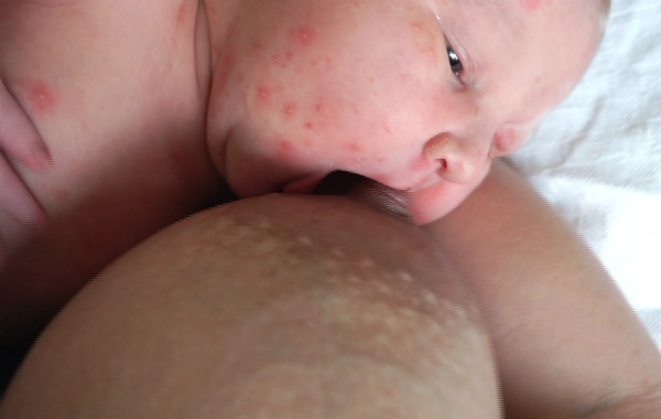 När du snart ska börja amma. Liten bebis gapar efter bröstet, närbild.