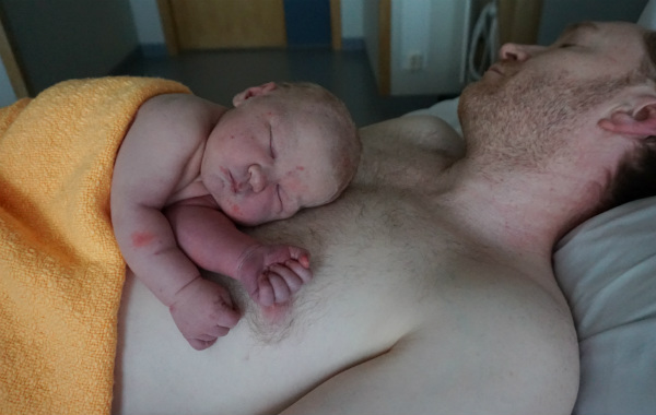 Stressen i förlossningsvården, amning. Pappa i BB-säng med nyfödd bebis på bröstet, sovande.