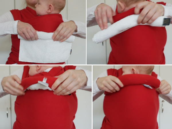 Tips om hur du ammar i bärsele och bärsjal. Fyra bilder som visar hur en liten handduk kan petas in i bärsjal som nackstöd.