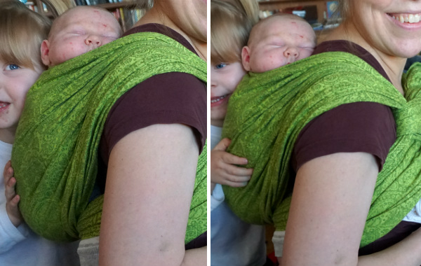 Bära barn på ryggen. Nyfödd i vävd bärsjal på mammans rygg.