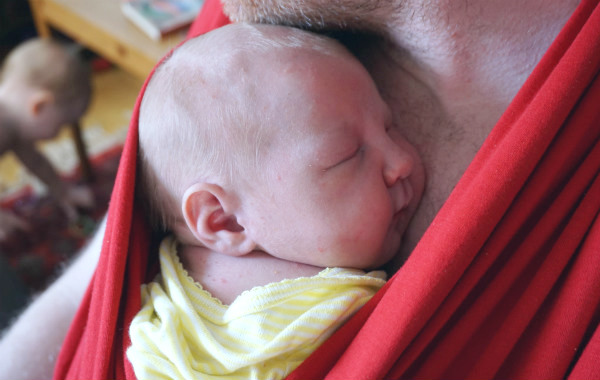Tilläggsmata mindre, ge mindre ersättning. Nyfödd bebis sover i röd bärsjal på sin pappas bröstkorg, inomhus. Äldre syskon skymtar i bakgrunden.