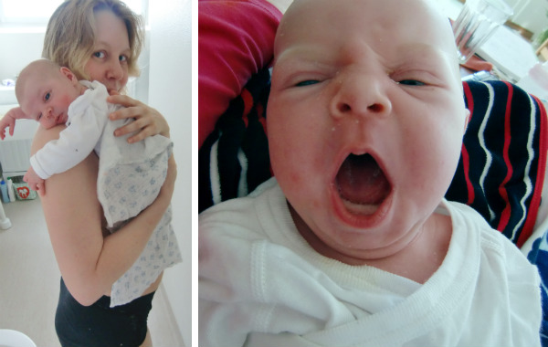 Trött nyfödd bebis, två bilder. Bebis gäspar till höger.