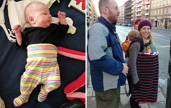 Mest förvirrande sakerna med amning. Två bilder på nyfödd bebis. Till vänster: Bebis i kläder på säng. Till höger: Bebis i bärsjal utomhus, med filt över, vår.