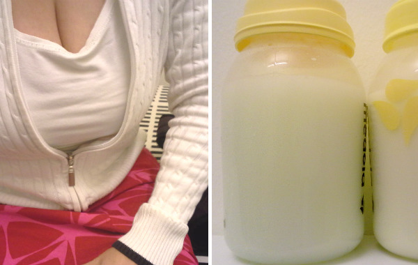 Bild på kvinnas bål framifrån, bild på två burkar fyllda med bröstmjölk.