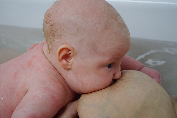 Amma i badkaret. Närbild på bebis som ammar i badkaret.